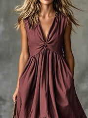 Twisted V-neck Midi Dress With Pockets