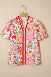 Contrast Collared V Neck Short Sleeve Floral Blouse in Floral, back view