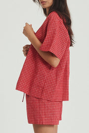 Deep Red plaid cotton open-front top and shorts set with short sleeves.