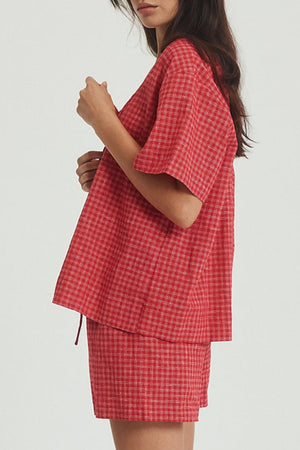 Deep Red plaid cotton open-front top and shorts set with short sleeves.