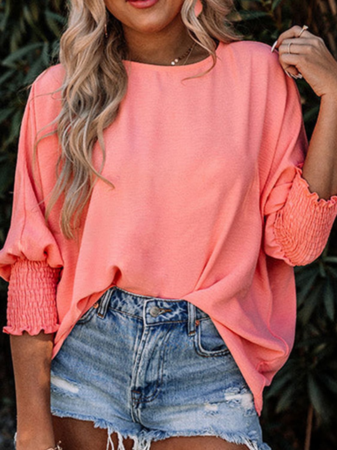 Textured sleeve blouse in burnt coral with elastic cuffs