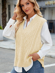 Yellow cable knit v-neck sweater vest with diamond pattern, acrylic.