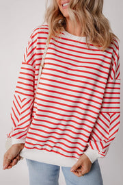 Chevron-Inset Stripe Sweatshirt in Strawberry red and white stripes with inset chevron detail on sleeves.