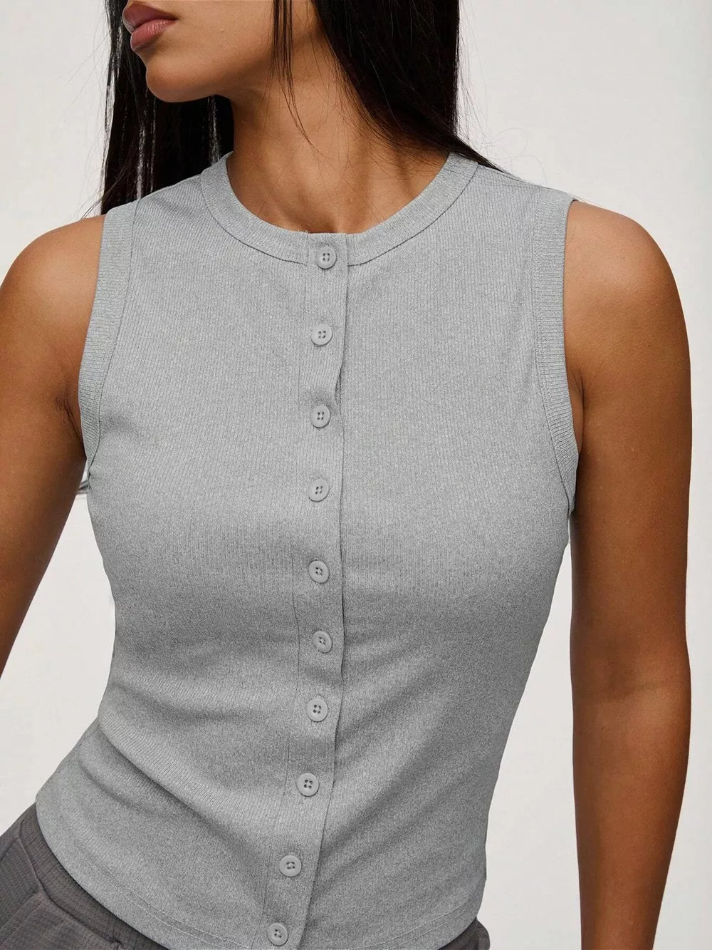 Light gray ribbed button-front tank top with a round neckline.