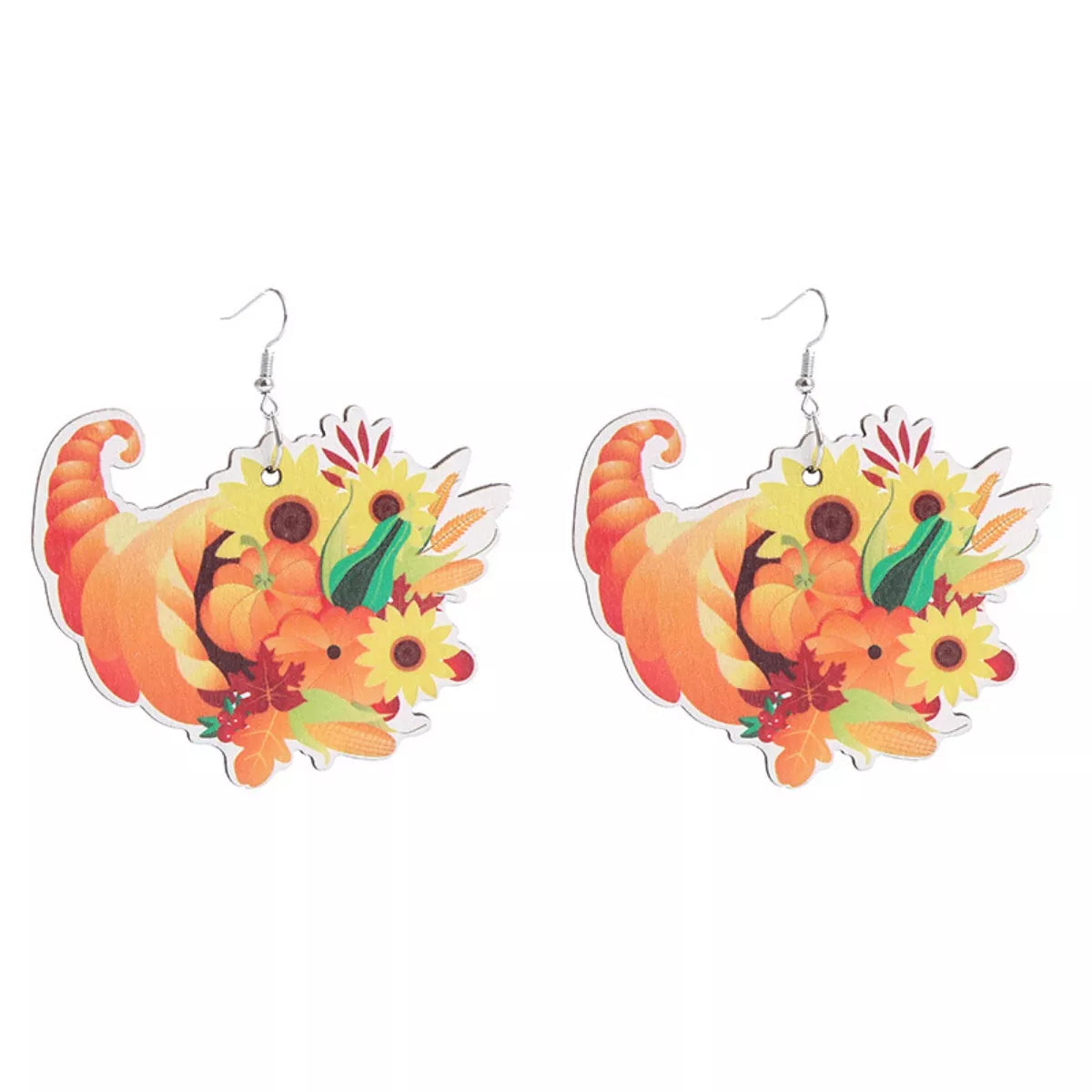 Thanksgiving dangle earrings with cornucopia, pumpkins, sunflowers, and leaves design.