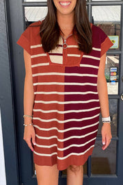 Colorblock ribbed mini dress with zip-neck and short sleeves in terracotta and burgundy stripes.