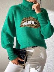 Green turtleneck sweater with sequin lip detail and balloon sleeves