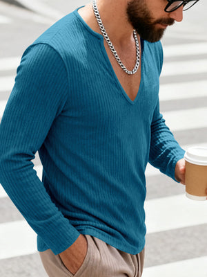 Men's royal blue ribbed long sleeve t-shirt with deep V-neck