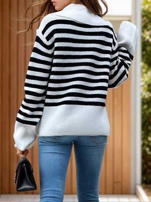 Breton stripe knit sweater with wide collar and ribbed cuffs, styled with blue jeans.