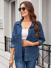 Blue denim trucker jacket with chest pockets and button-down front.