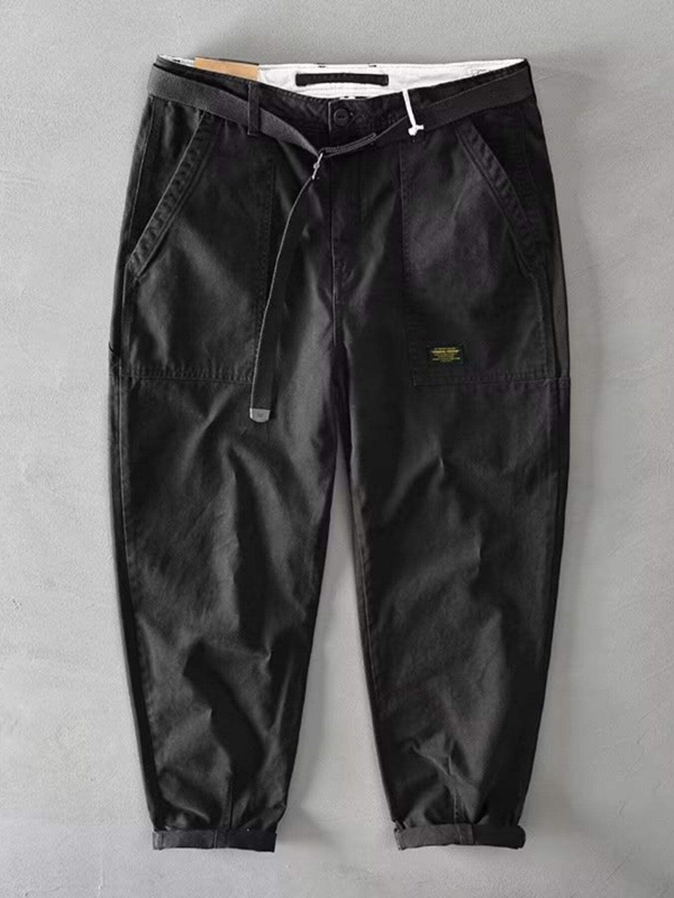 Men's black loose fit cargo sweatpants with belt and pockets