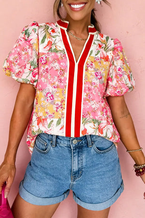 Contrast Collared V Neck Short Sleeve Floral Blouse in Floral, front view