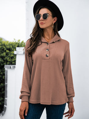 Button Chic Long Sleeve Tee in Dusty Pink with button neckline and waffle knit texture.