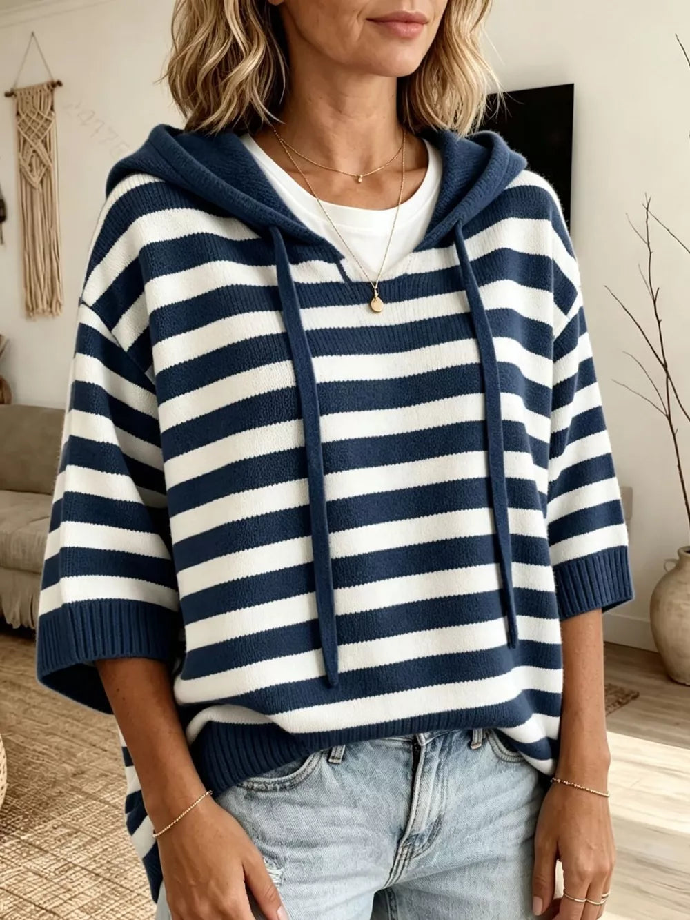 Full Size Drawstring Striped Hooded Sweater in Khaki, model styling view
