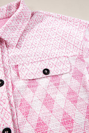 Pink diamond weave shacket with buttoned pockets and collar detail.