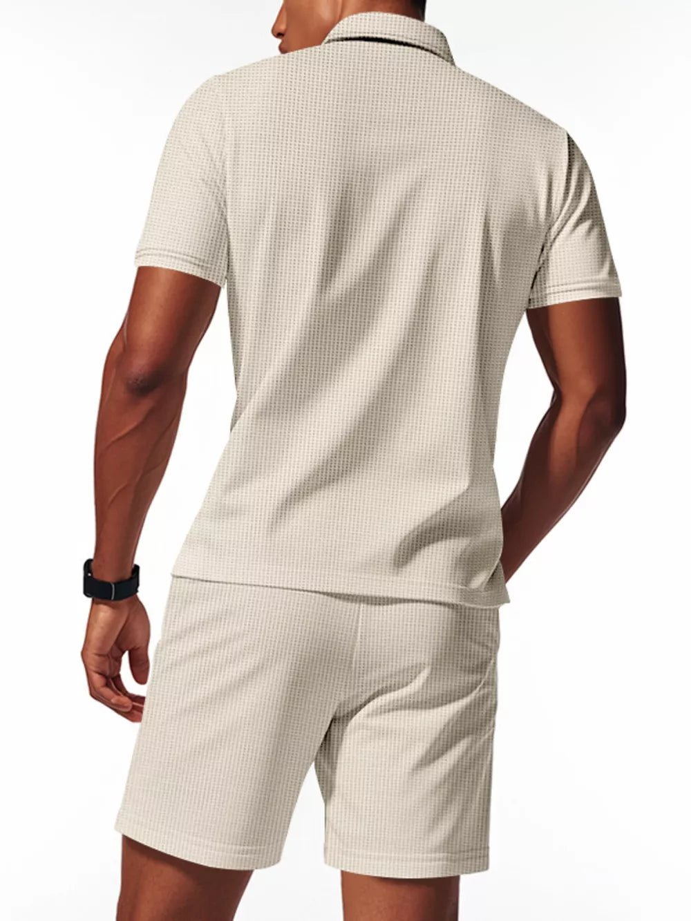 Men's waffle knit polo shirt and jogger shorts set in Khaki.