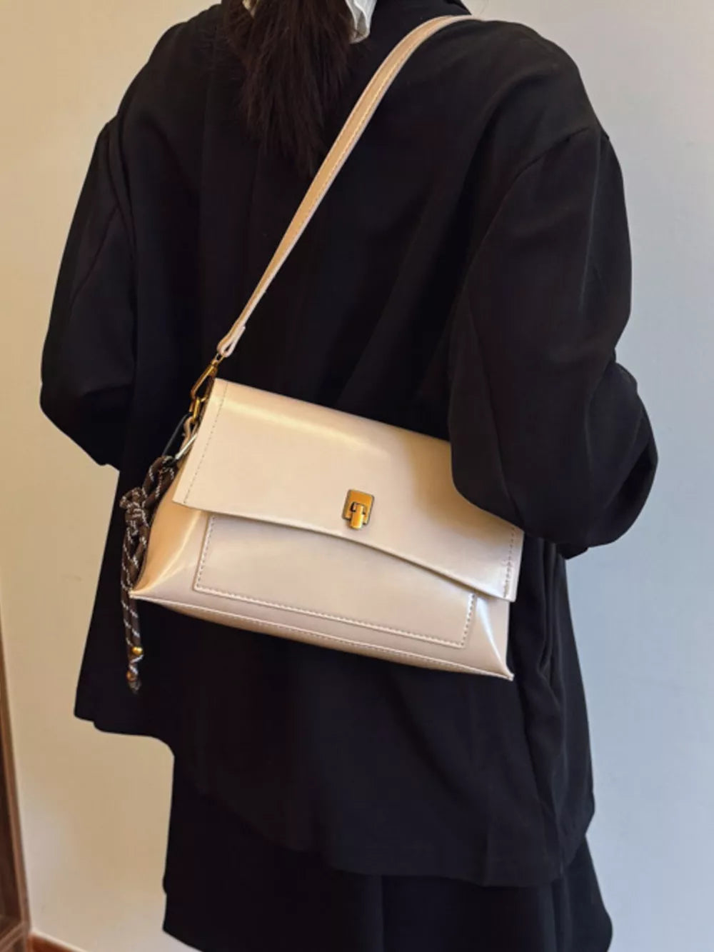 Leather Flap Shoulder Bag in Off-white, model styling view