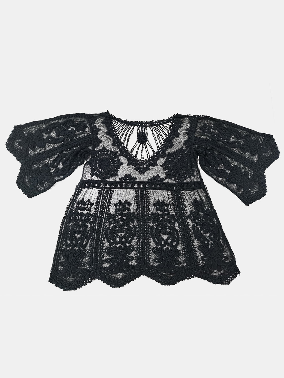 Black embroidered crochet kaftan cover-up with bell sleeves and V-neckline.