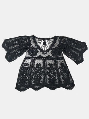 Black embroidered crochet kaftan cover-up with bell sleeves and V-neckline.