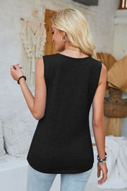 Black V-neck tank top with grommet detail on neckline