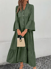 Tiered midi dress in olive green cotton blend with button front, V-neck, and bell sleeves.