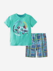 Toddler boys green cotton airplane graphic t-shirt and blue plaid shorts set