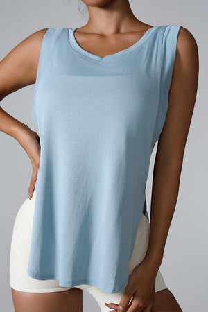 Blue performance tank top with asymmetric hemline and V-neck.