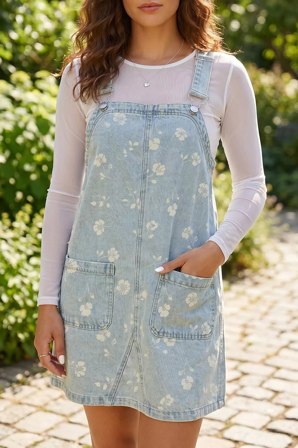 Wash Denim Floral Print Overall Mini Dress in Light Blue, front view