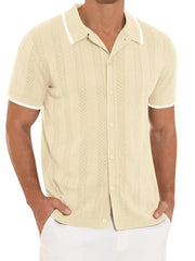 Beige textured knit polo shirt with contrast trim and vertical cable knit detail.