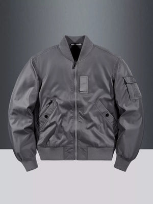 Gray bomber jacket with zip front, ribbed collar, cuffs, and hem, and utility pocket.