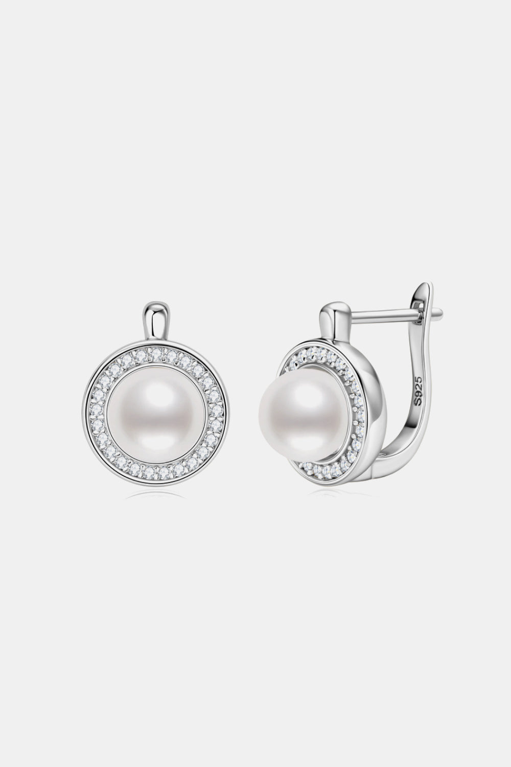 Silver pearl halo leverback earrings with clear crystal accents