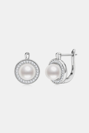 Silver pearl halo leverback earrings with clear crystal accents