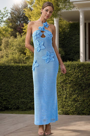 Blue crochet halter midi dress with floral appliques and cutout detail.