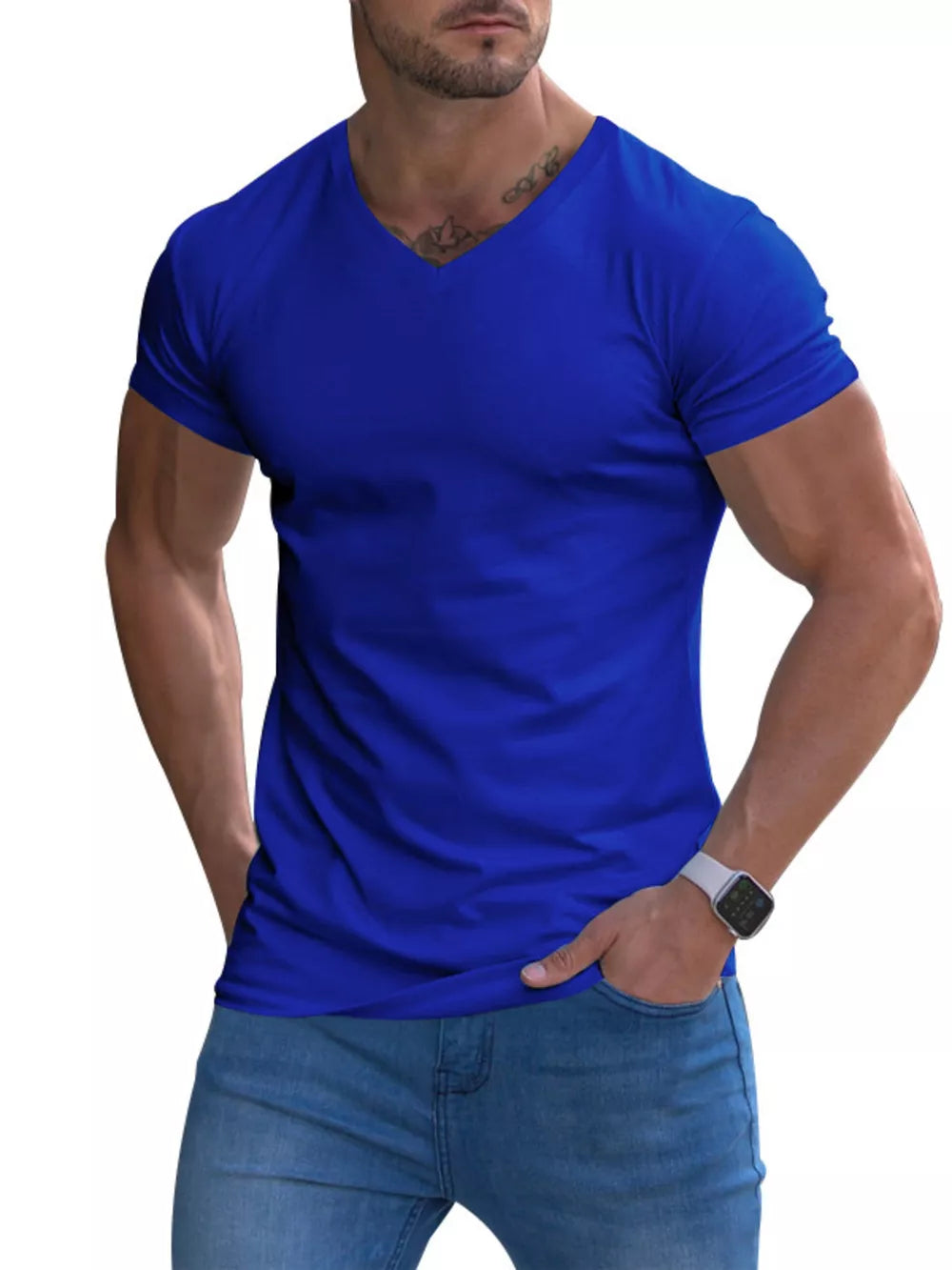 Men's Full Size V-neck Slim Fit Casual T-shirt in Light Gray, product detail