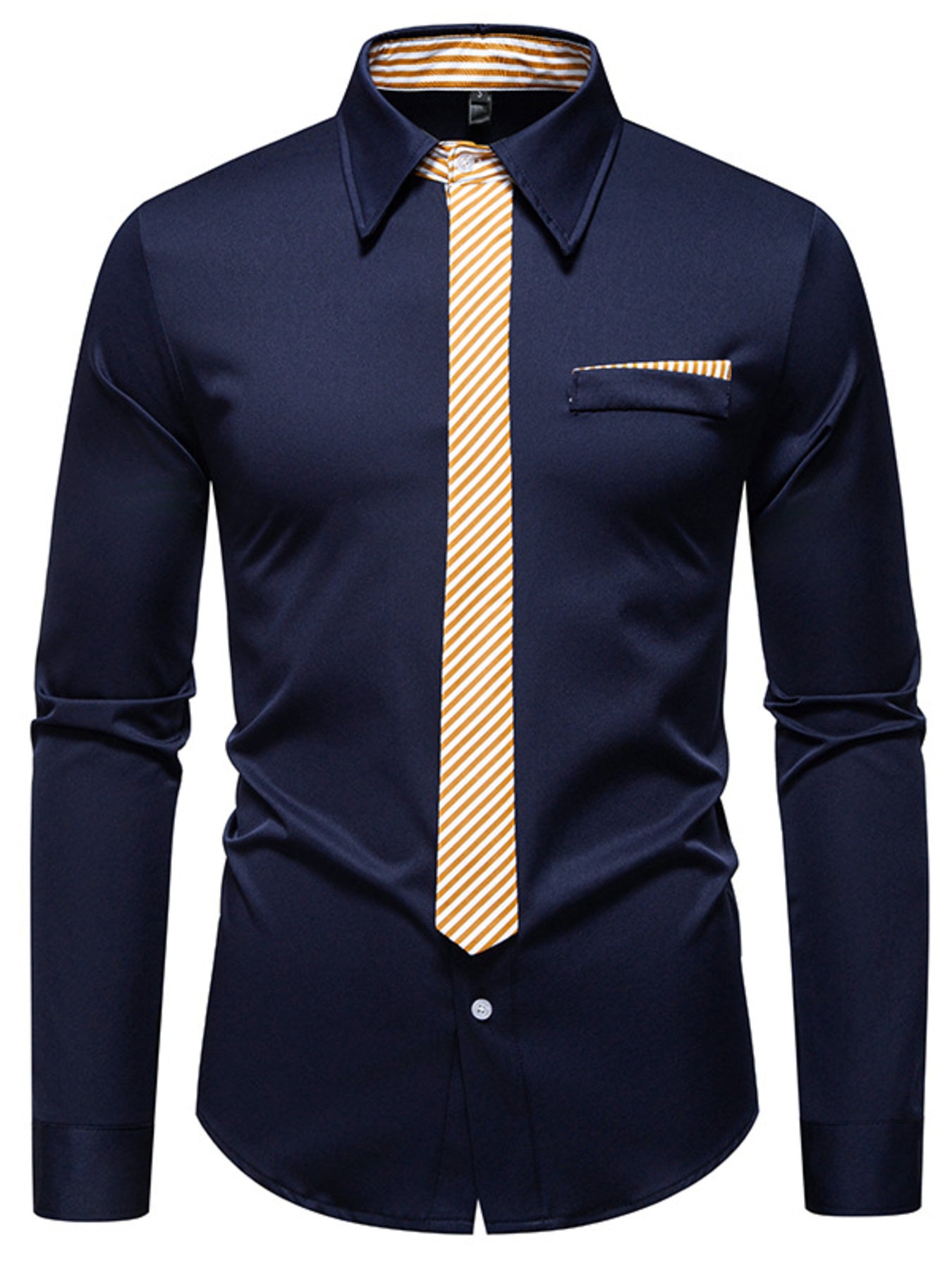 Men's navy blue button-up shirt with a white and orange striped tie detail and pocket.