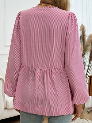 Red and white striped peplum blouse with puff sleeves and gathered waist