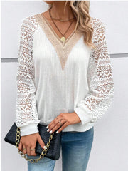 White waffle knit top with lace yoke and long sleeves, v-neck.