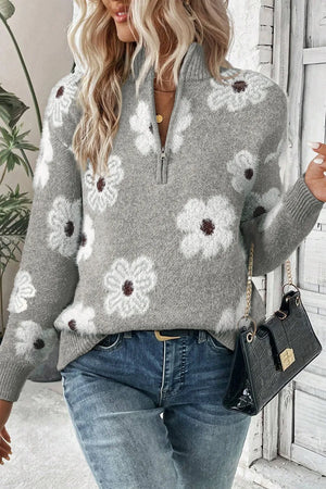 Gray floral intarsia mock neck sweater with quarter zip and fuzzy texture.