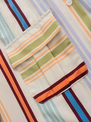 Prismatic stripe band collar blouse with buttoned pocket detail.