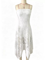 White lace strapless midi dress with floral overlay and handkerchief hem