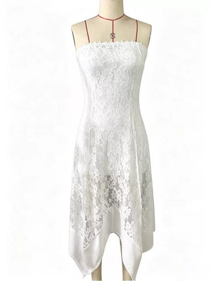 White lace strapless midi dress with floral overlay and handkerchief hem