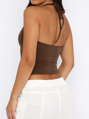 Chocolate halter crop top with scalloped trim detail and a tie back.