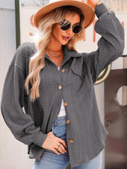 Dark Gray textured oversized button-down shacket with buttoned pockets and cuffs.