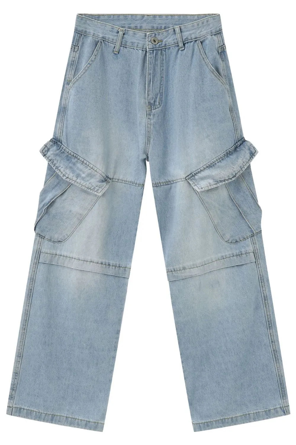 Light wash denim baggy cargo pants with utility pockets and a relaxed fit.