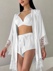 White lace trim three-piece loungewear set with bralette, shorts, and robe.