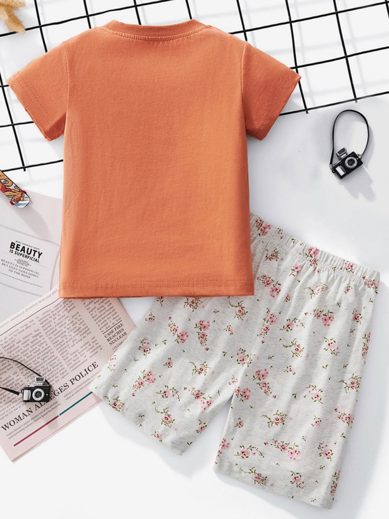 Toddler orange cotton tee and floral print shorts set