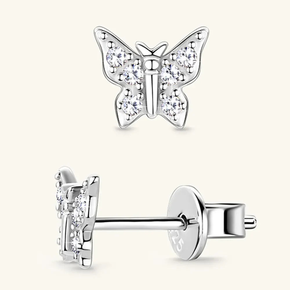 Silver moissanite butterfly stud earrings with clear stones