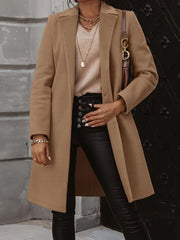 Camel single-buttoned wool-blend overcoat with notched lapels and long sleeves.