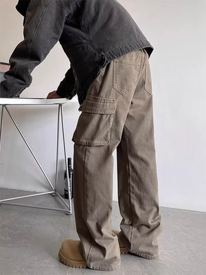 Brown cargo pants with large side pockets and a relaxed fit.