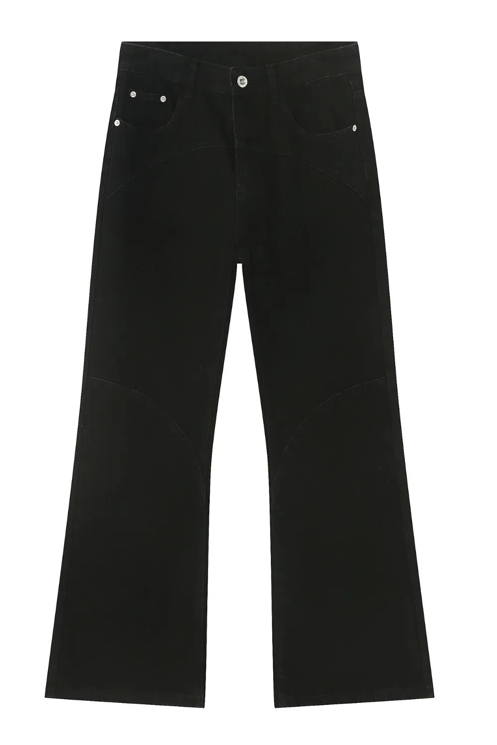 Black denim trousers with flared legs and curved seam details.